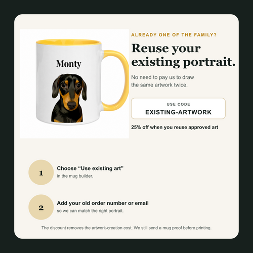 Reuse an existing Print & Paw portrait and save 25 percent