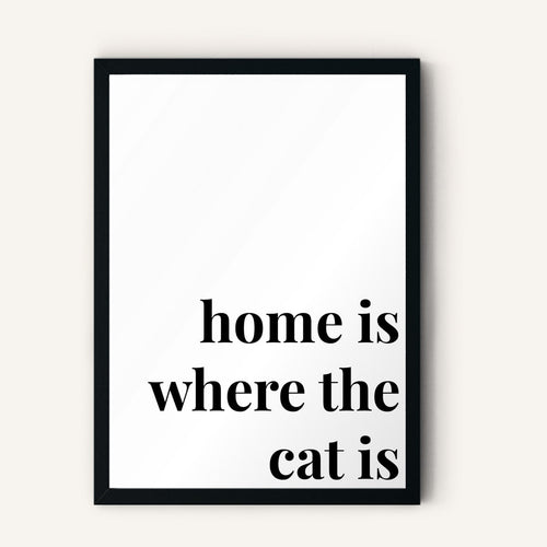 Quote hero: Home Is Where The Cat Is — Classic White (#FFFFFF), Black Frame, A-series