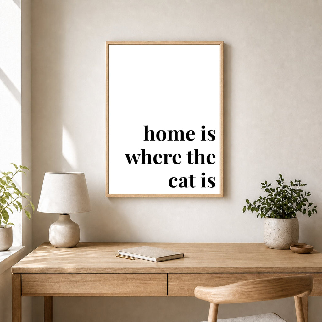 Quote lifestyle: Home Is Where The Cat Is — Classic White (#FFFFFF), desk, portrait palette v3