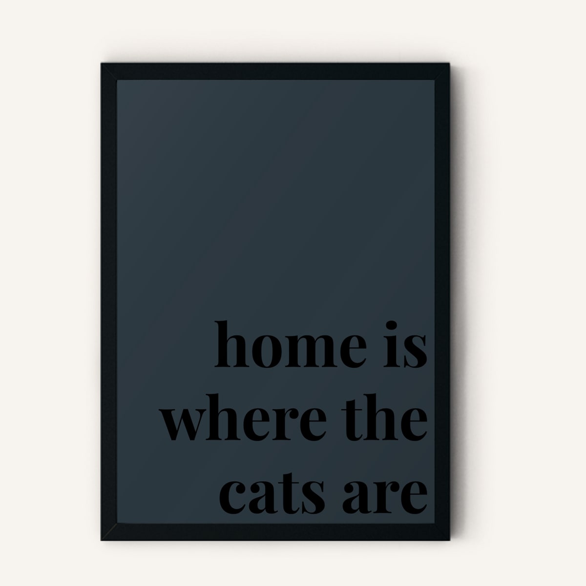 Quote hero: Home Is Where The Cats Are — Navy Grey (#2C3840), Black Frame, A-series