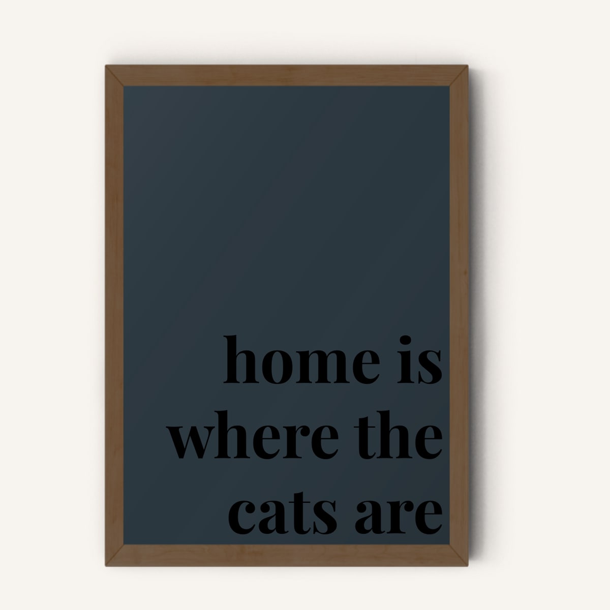 Quote hero: Home Is Where The Cats Are — Navy Grey (#2C3840), Dark Wood Frame, A-series