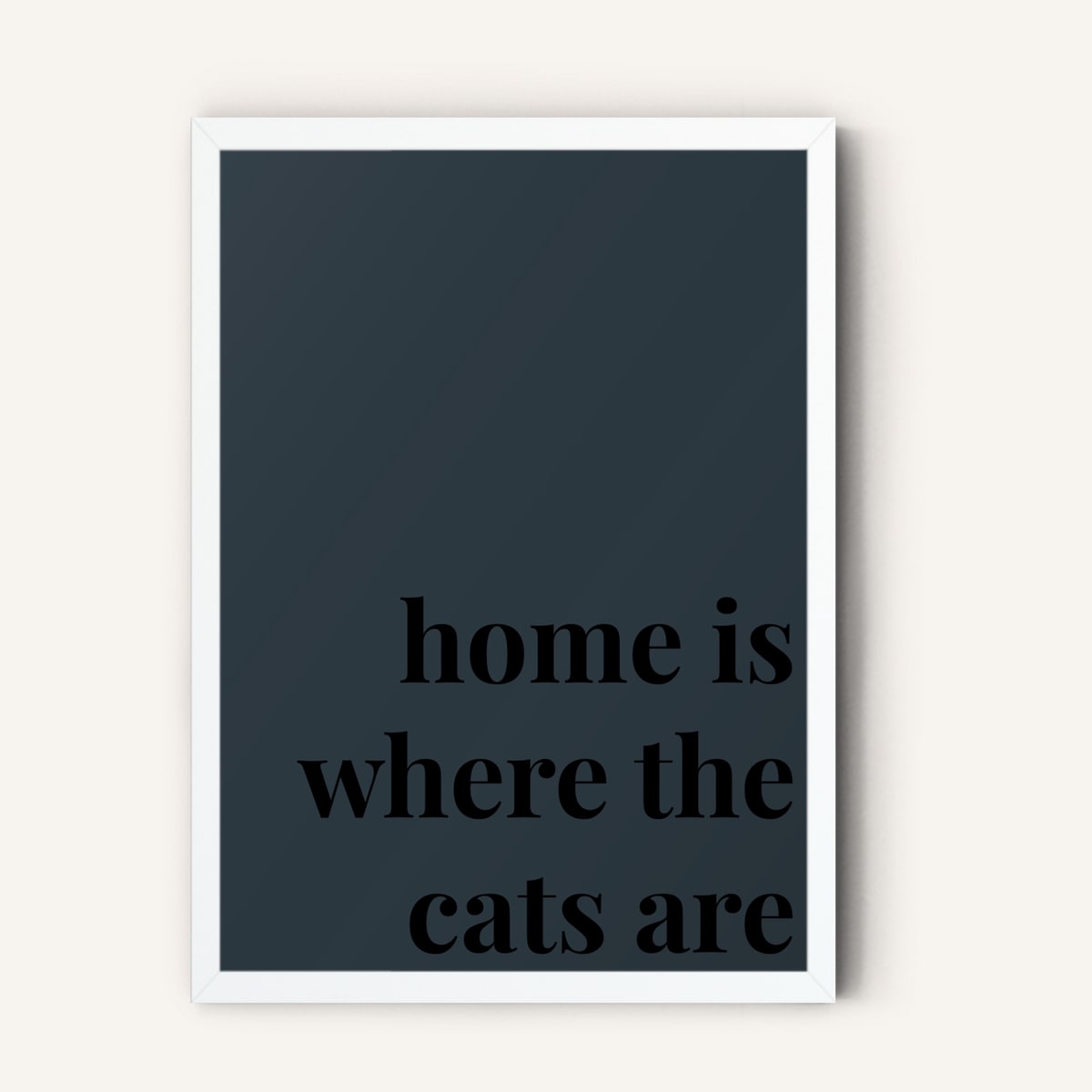Quote hero: Home Is Where The Cats Are — Navy Grey (#2C3840), White Frame, A-series