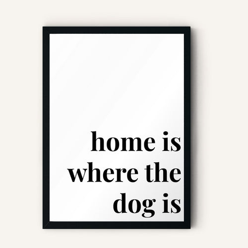 Quote hero: Home Is Where The Dog Is — Classic White (#FFFFFF), Black Frame, A-series