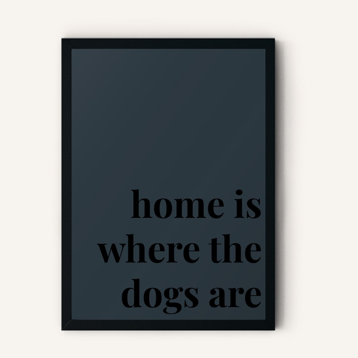 Quote hero: Home Is Where The Dogs Are — Navy Grey (#2C3840), Black Frame, A-series