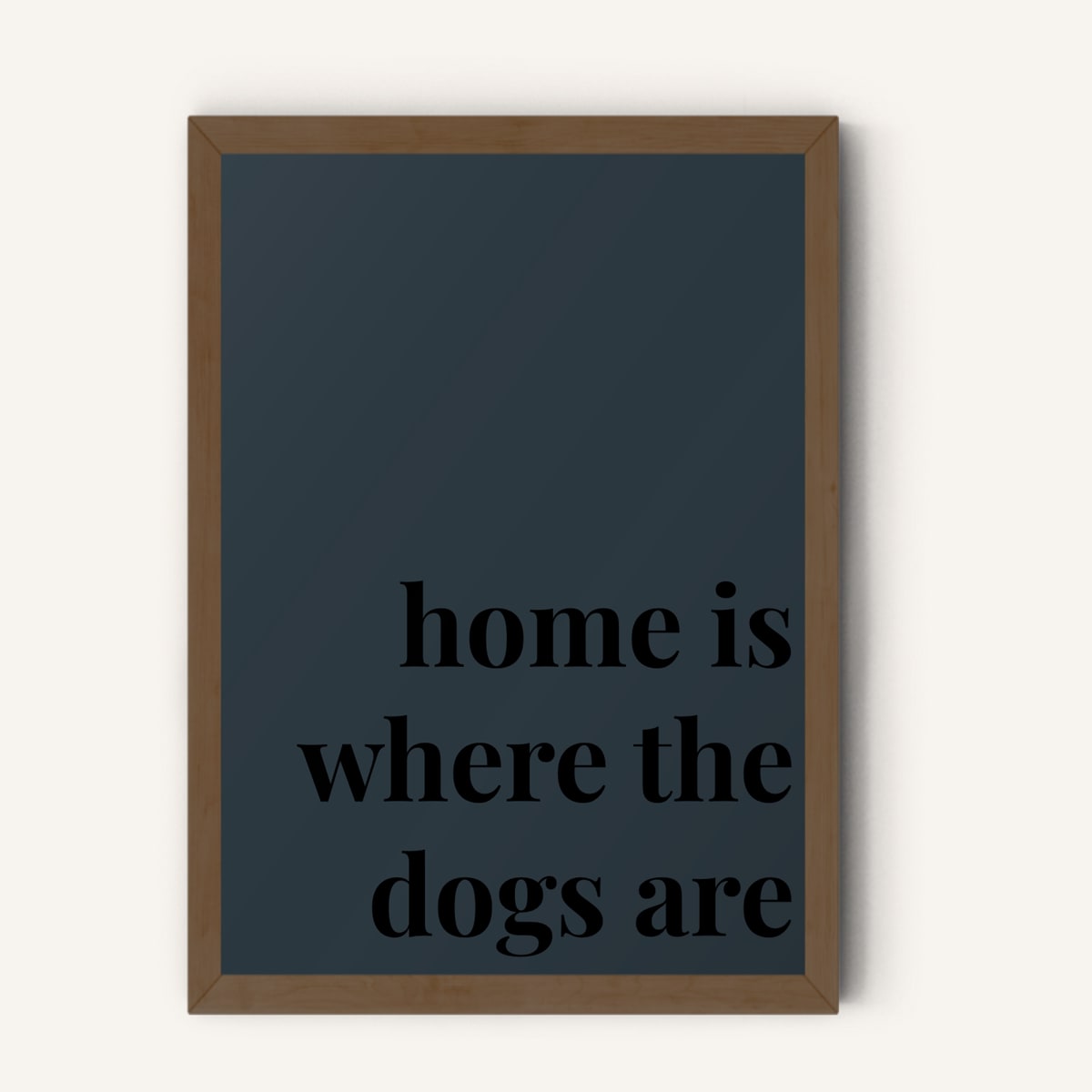 Quote hero: Home Is Where The Dogs Are — Navy Grey (#2C3840), Dark Wood Frame, A-series