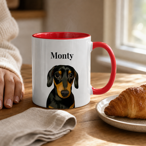 Custom pet mug in a warm morning kitchen — Monty, red