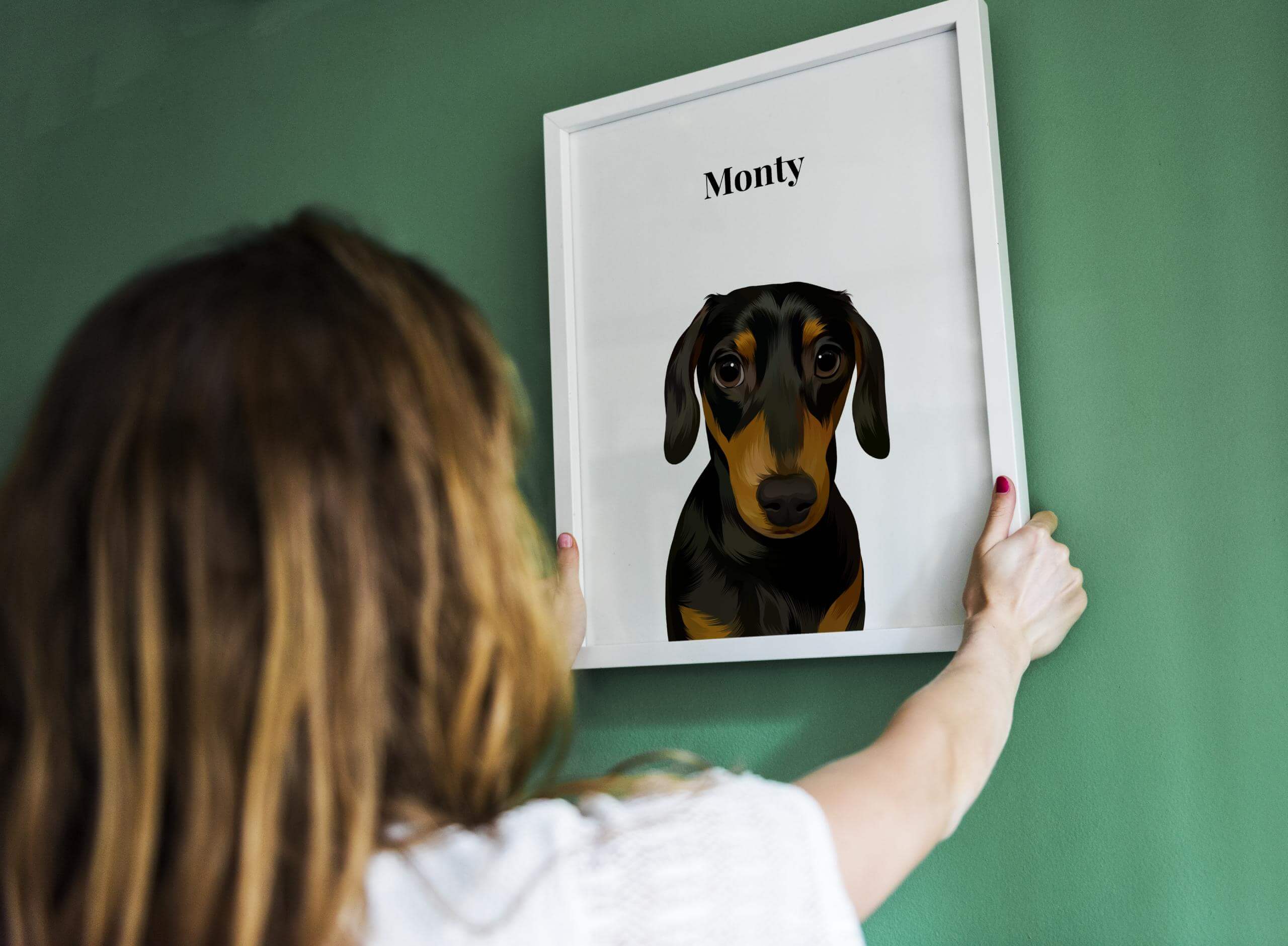 Woman hanging custom dog portrait