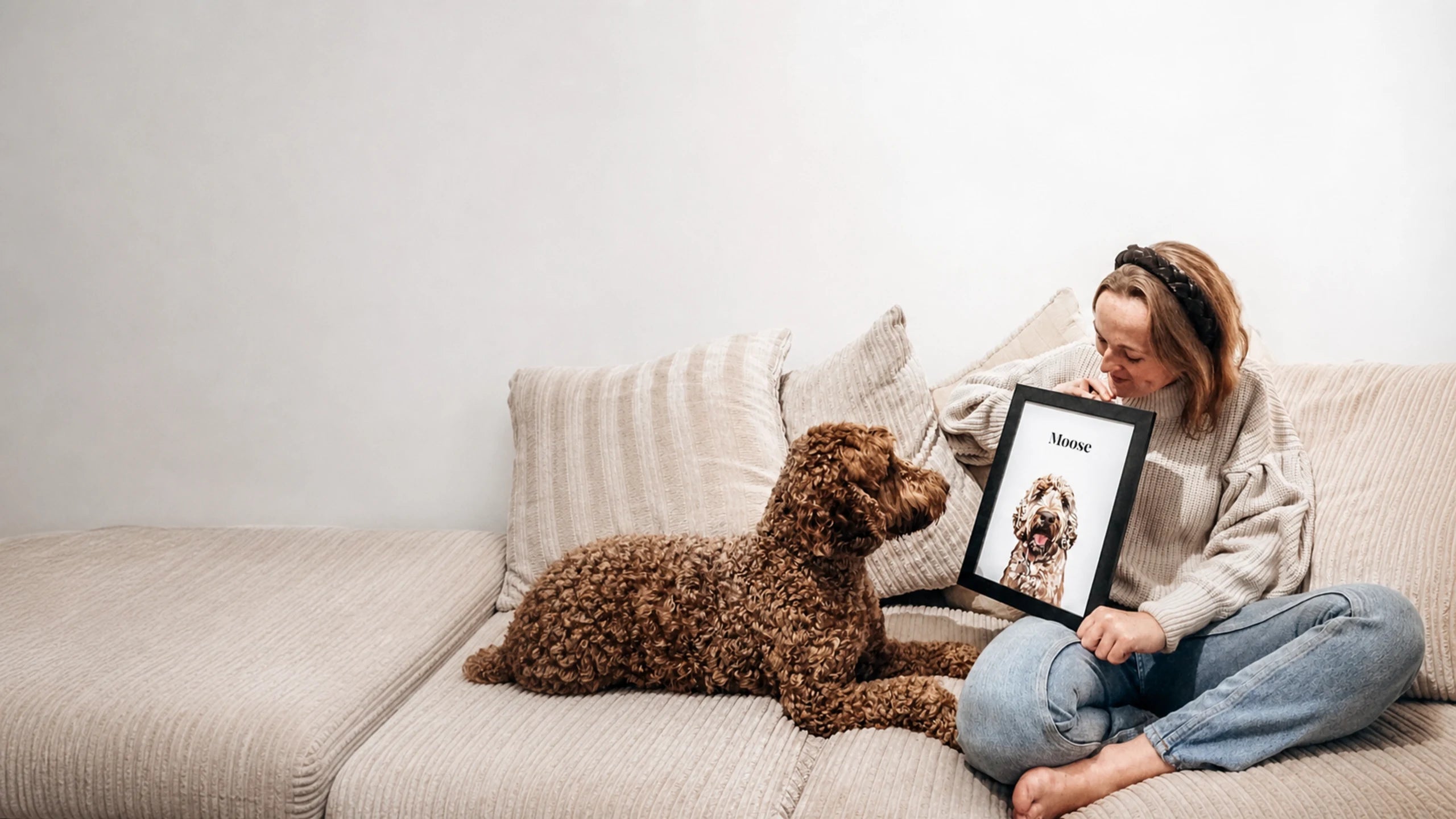 Moose with his owner and finished custom pet portrait